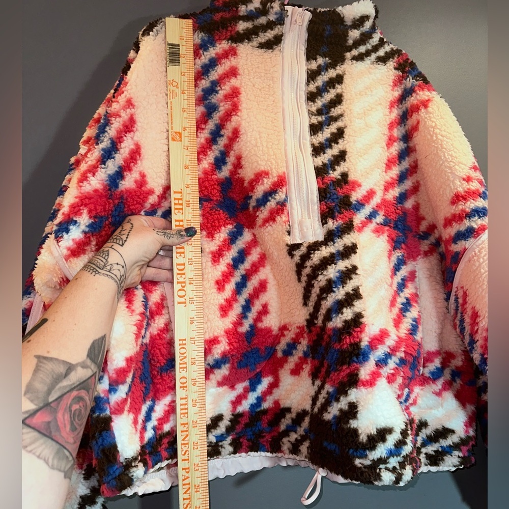 SO XXL Oversized Sherpa Fleece Pullover Plaid Zip High Neck Cozy Jacket - Picture 10 of 11